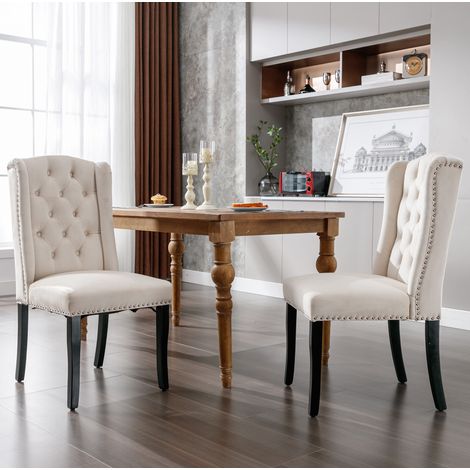 Silla comedor de terciopelo beige con patas de roble OKMYHOME (1/5)