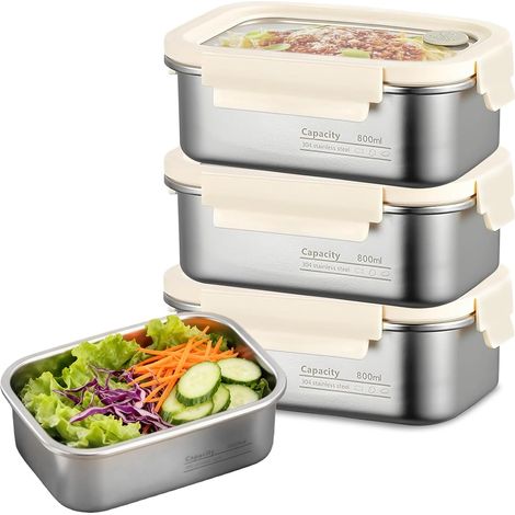 Boîte Alimentaire Inox, 3 Pièces Boîtes de Conservation Alimentaire Hermétiques, Boîte Hermétique Alimentaire Empilable avec Couvercle, Boîte Inox Réutilisable, Boîte Alimentaire 800ml pour Repas (1/5)