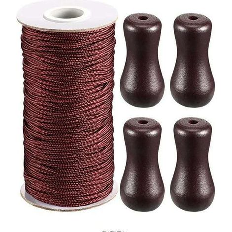 0.2cm Corde d'Ombrage Tressé Marron 50M/Rouleau avec 4 Pièces Marron Pendentif en Bois pour Aluminium Store Ombre, Plante de Jardinage et de l'Artisanat (Marron) (1/5)
