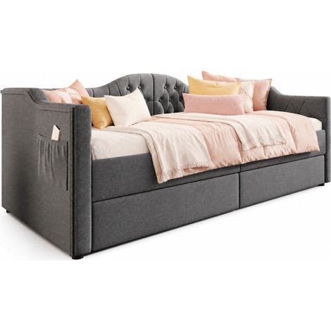 Lit banquette 90x190 cm avec USB Type-C, 2 tiroirs et revêtement tissu gris, cadre robuste pour chambre d’enfant, invité ou petit salon - CHICFURN (1/5)
