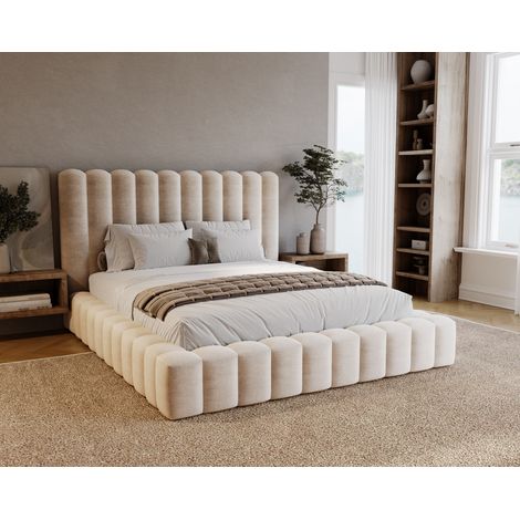 Emporius – Lit coffre 180 x 200 avec rangement – Tête de lit haute capitonnée – Tissu velouté imperméable – Design moderne beige (1/5)