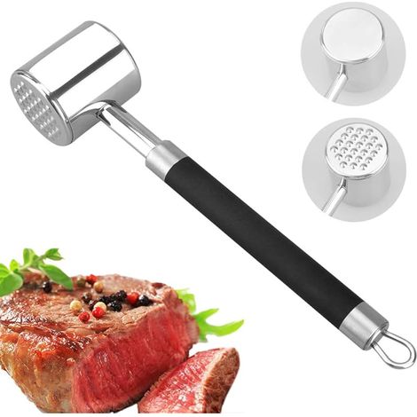 Attendrisseur de Viande en métal Robuste - Marteau Double Face en Acier Inoxydable avec poignée antidérapante en Silicone Noir - Outil de Cuisine pour Steak et Barbecue - Passe au Lave-Vaisselle (1/5)