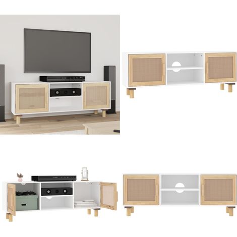 TV-Schrank Weiß 105x30x40 cm Massivholz Kiefer Natur-Rattan - TV-Schrank - Fernsehtisch - Wohnzimmermöbel - Regal - Holzregal - Home & Living