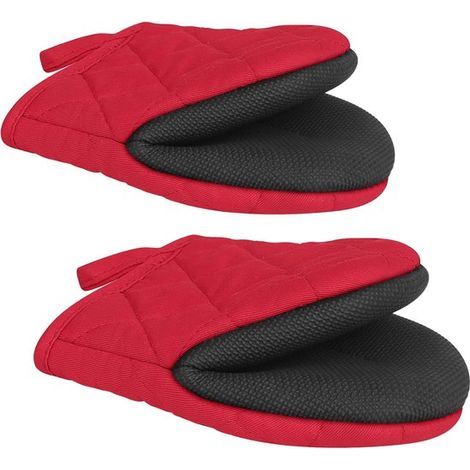 1 pair of short oven mitts - Kitchen gloves - Heat resistant up to 260°C (500°F) - Oven mitts - Non-slip silicone surface with hanging loops - Thickened kitchen gloves - Baking gloves - Red (1/5)
