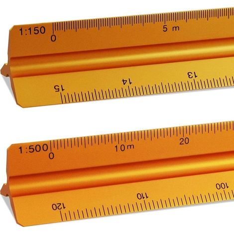 2 Pieces Triangular Ruler 1:20, 1:25, 1:50, 1:75, 1:100, 1:125 and 1:100, 1:200, 1:250, 1:300, 1:400, 1:500 (Gold) 30cm (1/5)