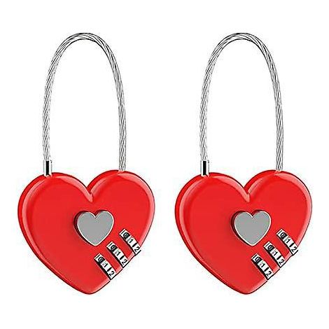 lot De 2 Cadenas En Forme De Cur Avec Cble Mtallique Rouge, Serrure Combinaison 3 Chiffres Mini Serrure En Mtal Serrures De Scurit Pour Botes D (1/5)