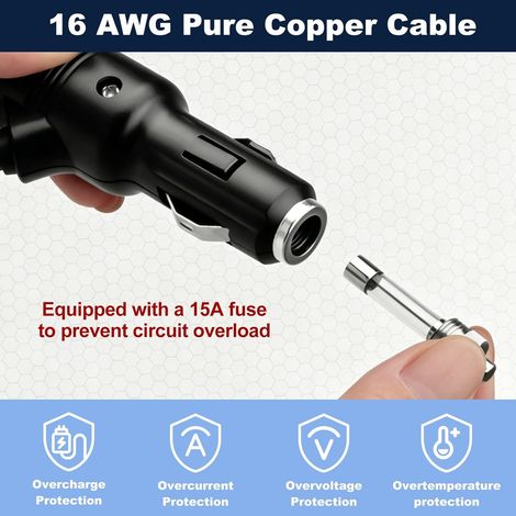 Rallonge Allume Cigare 12V/24V avec Interrupteur, Rallonge Allume Cigare Mâle vers Femelle Étanche, 16AWG Câble d'extension avec Fusible 15A pour Voiture Moto Bateau Camion, 1 M (1/2)