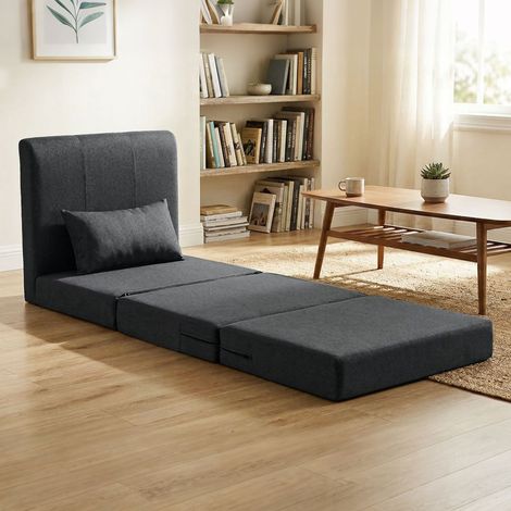 Canapé-lit 2-en-1 convertible, fauteuil inclinable avec tissu lin, matelas rembourré pour invités, gris anthracite, pliable et compact (1/5)