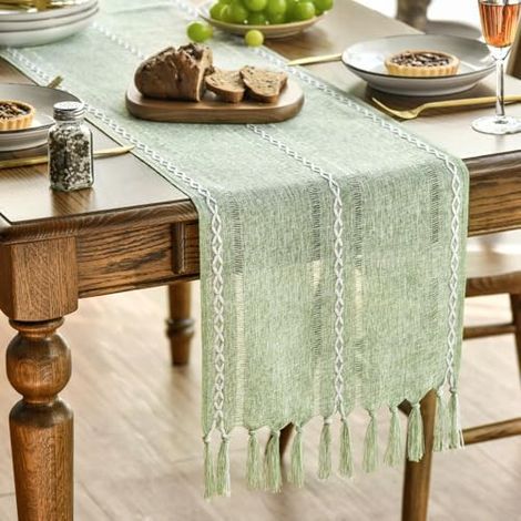 Chemin de table Boho en sauge et vert, style campagne avec franges, décoration de table lavable, pour fête, anniversaire, Saint Valentin, mariage, 33x183 cm (1/4)