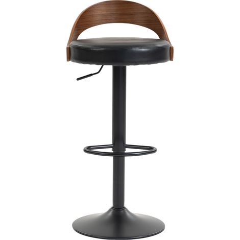 Set 2 sgabelli da bar girevoli 360° con schienale effetto noce e seduta in PU nera regolabile (1/5)