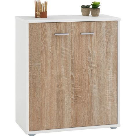 Idimex – Buffet FIRMIN blanc mat/chêne sonoma – 2 portes avec tablette de séparation – Dimensions 70 x 60 x 30 cm – Surface résistante aux éraflures
