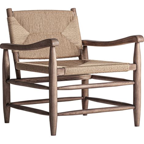 Fauteuil classique en bois et corde tressée - marron clair et beige naturel (1/5)