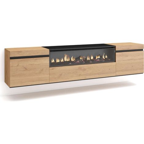 Mueble TV Fuengirola-01 de 200x45x35 cm con chimenea eléctrica y luces LED, suspendido, color roble y negro (1/4)