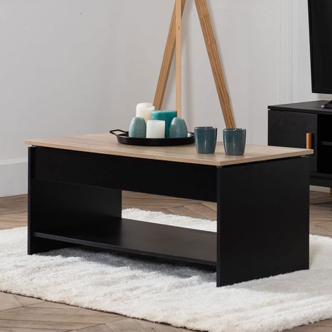 Table Basse Moderne avec Plateau relevable Noire et Bois. Table de Salon en Bois avec Rangement. Table rectangulaire avec étagère. (1/5)
