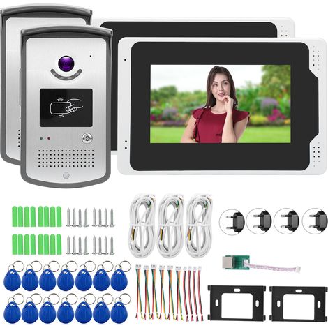 Sonnette vidéo WiFi 7 pouces TFT 1080P, 2 moniteurs + 2 caméras, déverrouillage par carte, contrôle à distance, vision nocturne, étanche, prise UE 100-240V (1/5)
