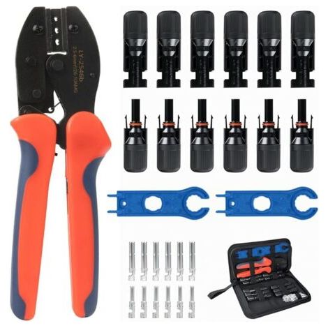 Pince à Sertir Solaire Kit pour Câble PV 2.5/4/6mm², 6 Paires de Connecteurs Solaires Mâle/Femelle, 1 Pince à Sertir, 2 Clés pour Connexion de Câbles Photovoltaïques (1/4)