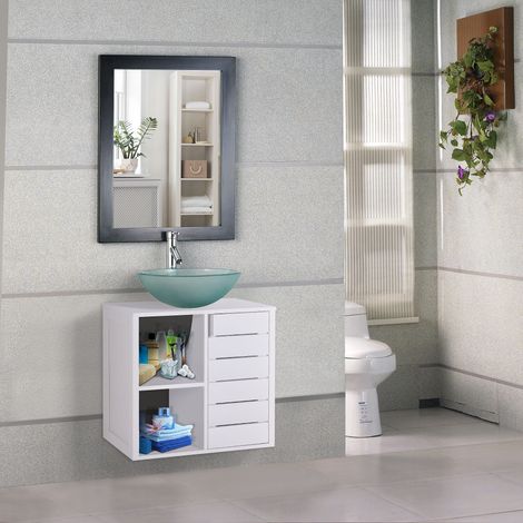 Mobilier sous évier Blanc suspendu compact 2 étagères ouvertes espace fermé 60x30x54 cm