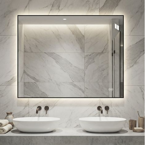 Miroir de salle de bain LED 90x70 cm en verre et aluminium argenté, antibuée moderne FloraGrace (1/5)