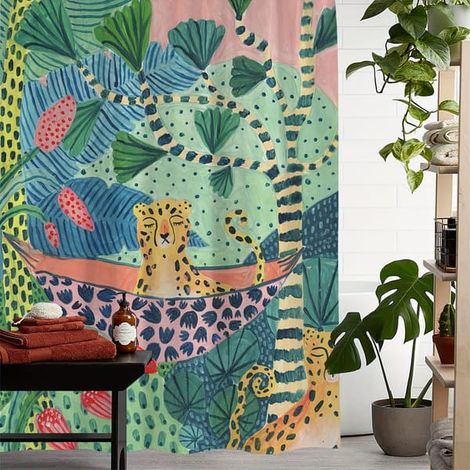 Rideau de douche imperméable Lollanda, motif léopard jungle, avec 12 crochets, rideau de salle de bain, style bohème, 200 cm (largeur) x 180 cm (hauteur) (1/5)