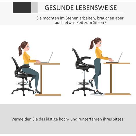Fauteuil de bureau, chaise de travail, fonction assis-debout, repose-pieds inclus, siège pivotant, acier, noir, 64 x 60 x 106-126 cm