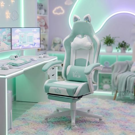 Fauteuil de jeu avec oreilles de chat, dossier inclinable, repose-pieds extensible, capacité de charge jusqu'à 120 kg, bleu Tiffany (1/5)