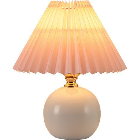 Lampe de chevet nordique, petite lampe de table lumière chaude E27, abat-jour en tissu plissé base en céramique, céramique blanche + abat-jour rose
