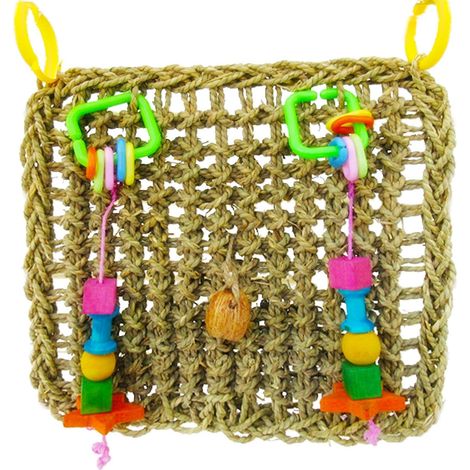 Jouet mural de recherche de nourriture pour oiseaux avec crochet Tapis tissé en jonc de mer de 12,5 x 13,5 po avec blocs de bois colorés (1/5)