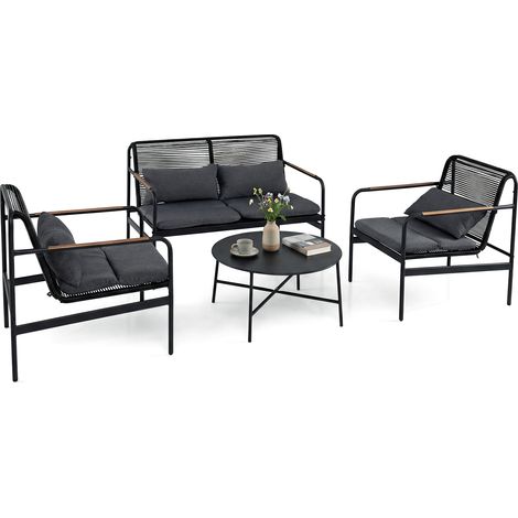 Salon de Jardin 4 Pièces, Loveseat & 2 Fauteuils avec Table Basse, Structure Métallique, Coussins, Canapé de Conversation Extérieur en Rotin PE (1/5)