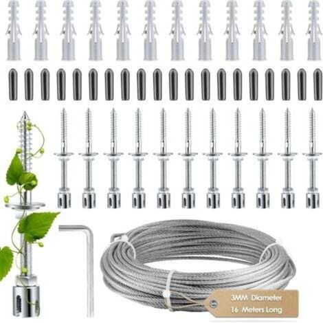 Support pour plante grimpante en inox – Kit complet avec corde tressée 16m – Résistant à la corrosion – Installation facile avec 12 mandrins
