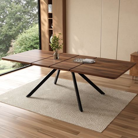 Table de salle à manger extensible 160/200/240 x 90 cm, 6 à 10 personnes, plateau MDF effet noyer, 3 longueurs, pieds métal, Noir (1/5)