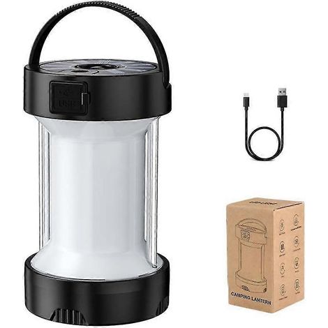 Lampe de camping multifonctionnelle rechargeable solaire, type C, pour tente, avec éclairage puissant et puissante (noire). (1/5)