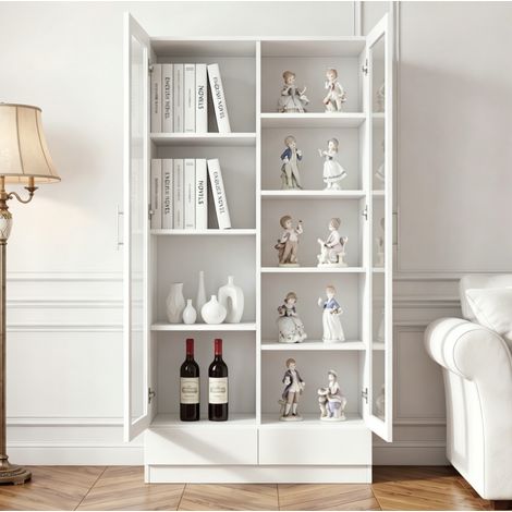 Vitrinenschrank 80x40x160 cm weiß aus MDF und Glas mit 2 Schubladen und Anti-Kipp-Sicherung (1/5)