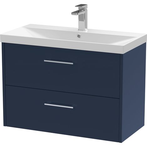 Hudson Reed Juno Wall Hung 2-Drawer Vanity Unit with Basin 3 800mm Wide - Midnight Blue (1/4)