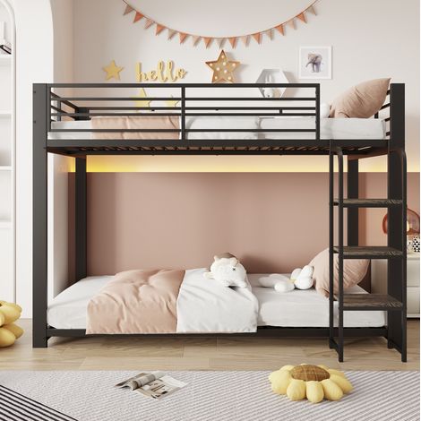 Letto a castello 204x115x145 cm, con scale larghe in legno, gabbia anticaduta, MDF e metallo nero (1/5)