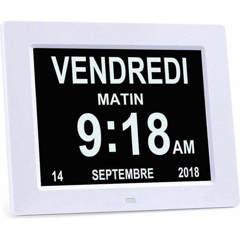 8" LCD Horloge Numérique Calendrier avec Date, Jour et Heure Horloge Alzheimer pour Les Seniors,C'est pour Les Parents (Blanc) (1/4)