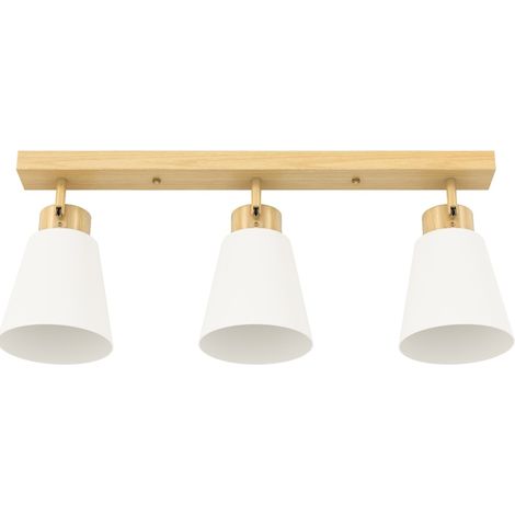 CHICFURN Plafonnier LED 3 E27 en Bois Naturel et Verre, Têtes Orientables 90°, Double Montage (1/5)
