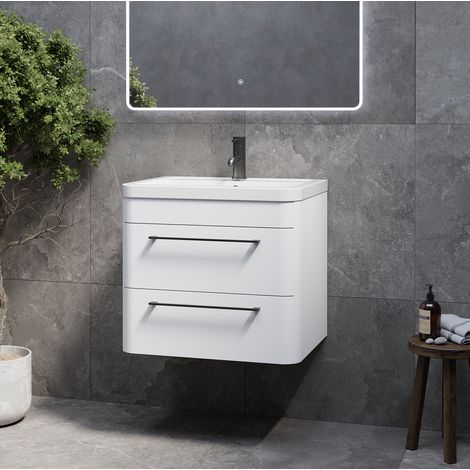 Oslo Gloss White 600mm Wall Mounted 2 Drawer Vanity Unit with Leni Basin - 600mm - Gunmetal Grey 320mm Handle