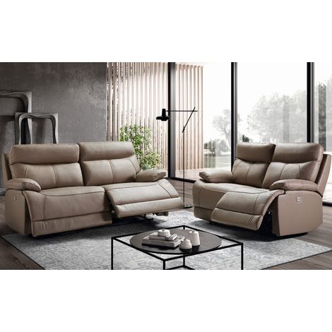 Les Tendances – Canapé relax électrique 3 places + 2 places – Cuir beige – Mécanisme 4 moteurs – Dimensions 194x97cm et 154x97cm