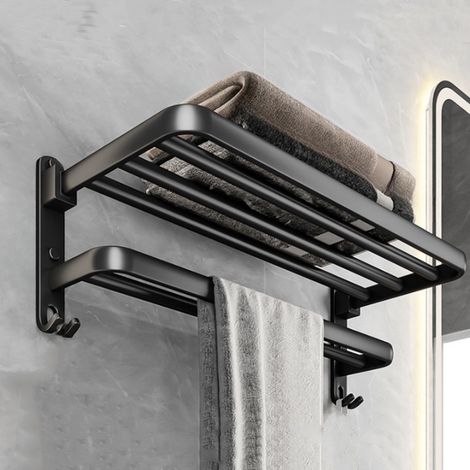 Ensemble de Rangement pour Salle de Bain - Porte-Serviettes en Aluminium Noir, Sans Perçage - Élégant et Pratique 50cm (1/5)