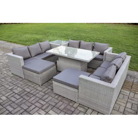 Fimous Polyrattan Gartenmöbel Set mit 2 Sofa, Höhe verstellbar Esstisch und Beistelltisch, 2 Hocker Outdoor Terrassen Essgruppe Helles Grau (1/5)