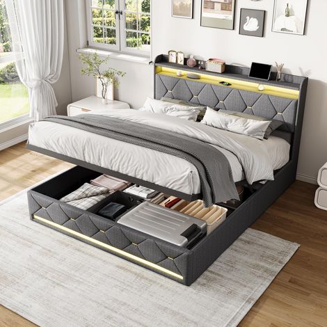 Lit adulte 140x200 cm avec coffre de rangement hydraulique, chargeur induction et LED RGB Moderne - Lin - Gris (1/5)