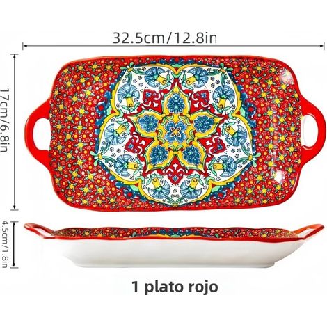 (1 rouge) Assiette plate rectangulaire en céramique de style bohème en forme de poisson, 12,8 pouces, chauffante. (1/5)