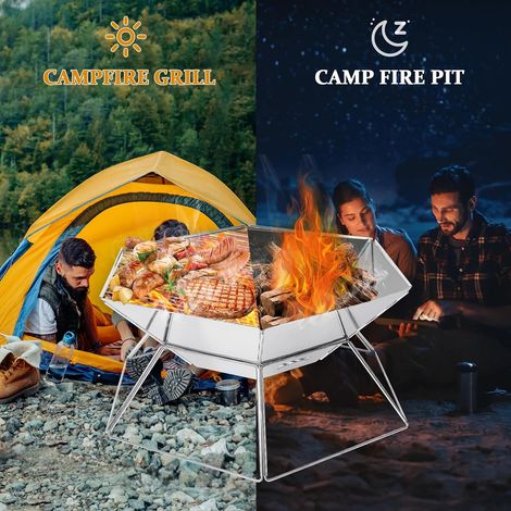 Braseros para calefacción exterior, parrilla de acero inoxidable para fogatas, estufa de camping portátil con bolsa de almacenamiento y pinzas largas, tabla trípode, gancho de cadena (1/4)