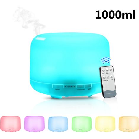 Humidificador de aire ultrasónico de 1000 ml, control remoto, difusor de aceites esenciales, luz nocturna LED de 7 colores (1000 ml)