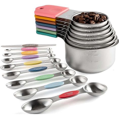 Set aus 16 magnetischen Messbechern und -löffeln aus Edelstahl, bestehend aus 7 robusten Messbechern und 8 Doppellöffeln mit Libelle, mehrfarbig. (1/5)