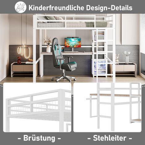 Lit mezzanine, 140 x 200 cm, structure en fer, plusieurs étagères, bureau avec prise électrique, port USB-C, rambarde, échelle, sans matelas, blanc (1/5)