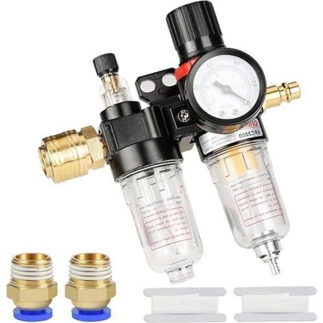 Deux détendeurs air comprimé 1/4 pouce, séparateur eau, unité manomètre, séparateur huile, régulateur, accessoires compresseur (1/3)