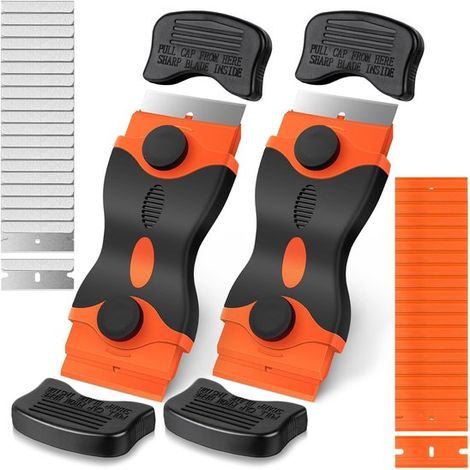 Juego de 2 piezas, Incluye 20 cuchillas de metal y 20 de plástico, pegamento, etiquetas, ventanas, hornos y cristales, Colores: Naranja y Negro (1/5)