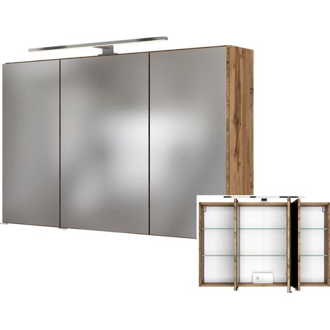Badezimmer Spiegelschrank 3D LOUROSA-03 mit Beleuchtung in Wotaneiche Nb., B/H/T: ca. 100/66/20 cm (1/5)