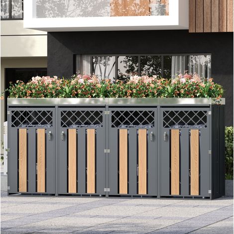 Cobertizo exterior para cubos de basura con cierre, 4 compartimentos y jardinera, gris galvanizado (1/5)
